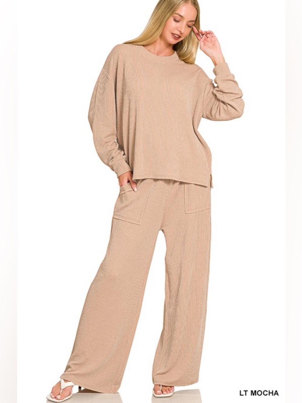 116 NWT Zenana 2pc Cocoa Raised Rib Round Neck Pullover & Pants Set - Picture 2 of 3